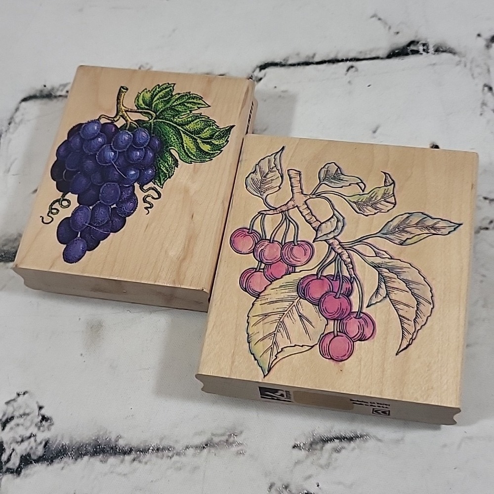 Vtg Rubber Stampede Stamps Fruit Lot Of 2 Cherries Grapes Wood Mounted Crafts
